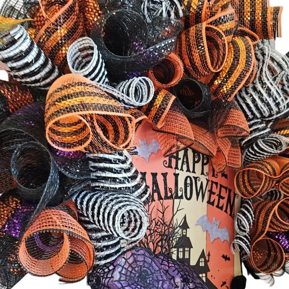 Handmade Halloween Wreath Orange Black Purple 30x7 Deco Mesh